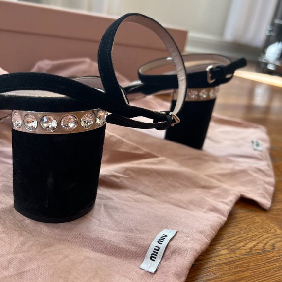 Miu Miu Suede Crystal Embellishments Block Heels - Picture 3 of 5